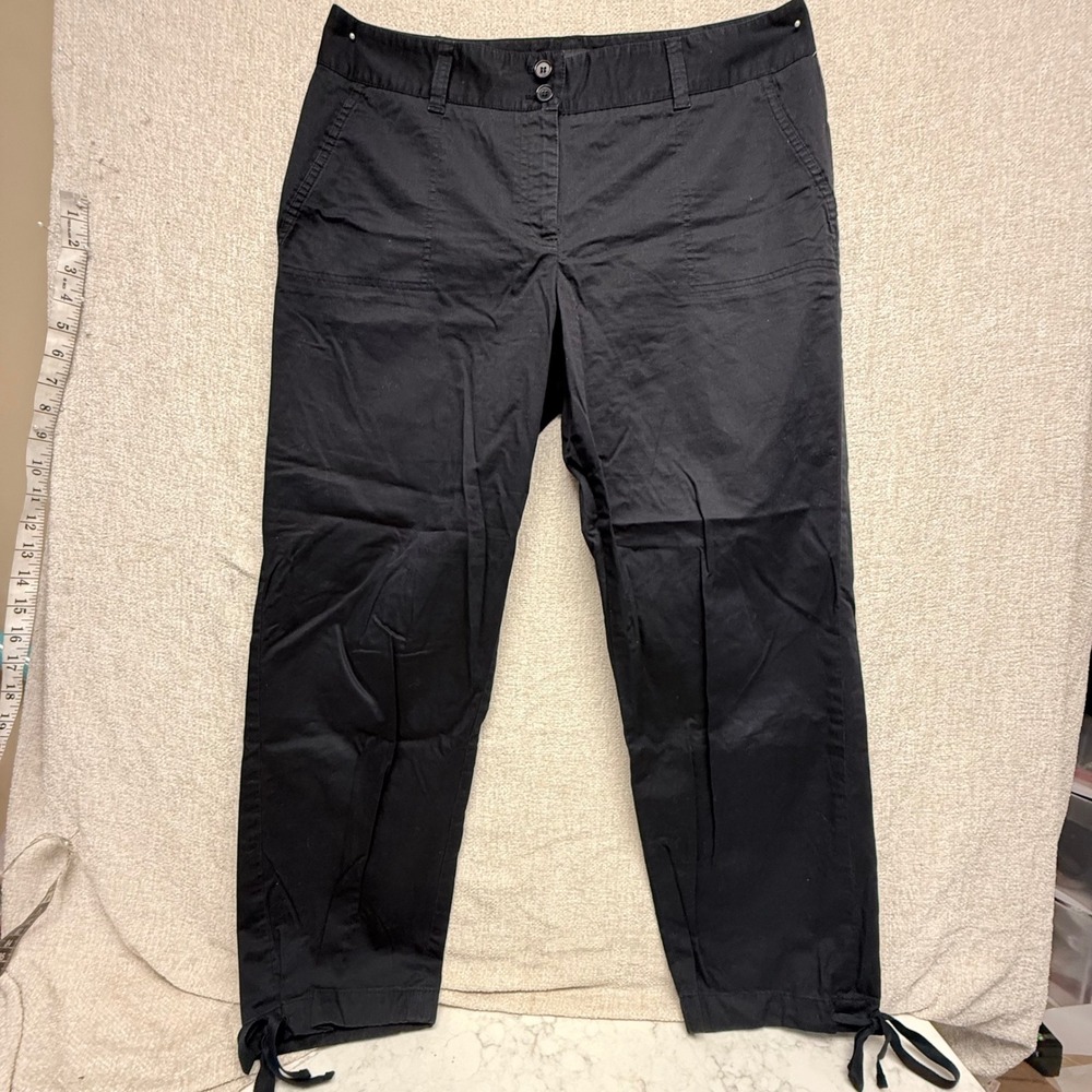 Talbots Signature Black Cropped Pants Tie Cuff Size 10 Double Button Cotton